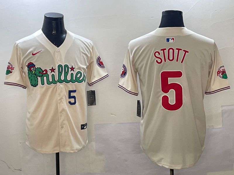 Men Philadelphia Phillies #5 Stott Cream Three generations Joint Name Game 2025 Nike MLB Jersey style 2->philadelphia phillies->MLB Jersey